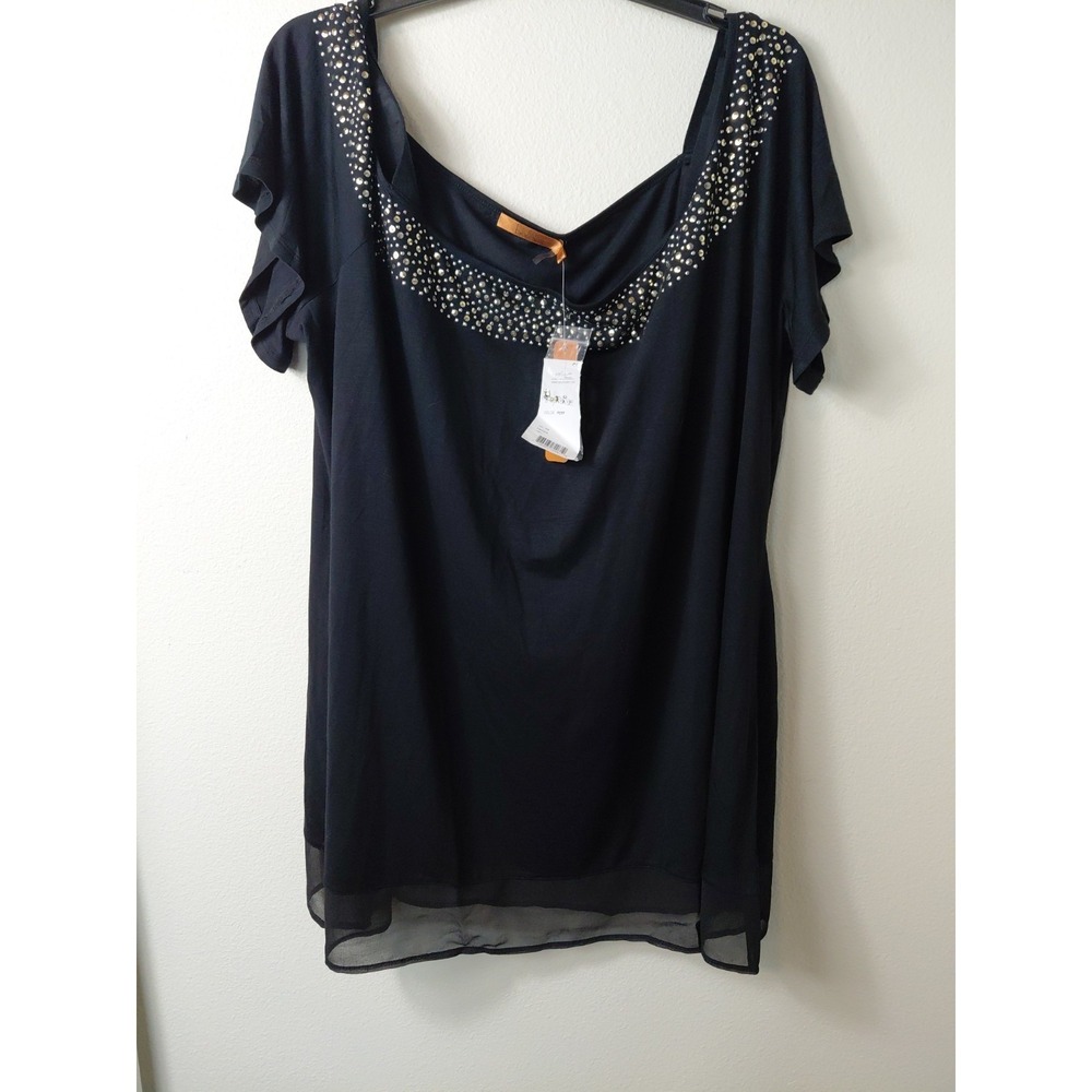 Belldini Black Tunic Top Strap Sleeves Sequins Top Womens Cold Shoulder 3x NWT